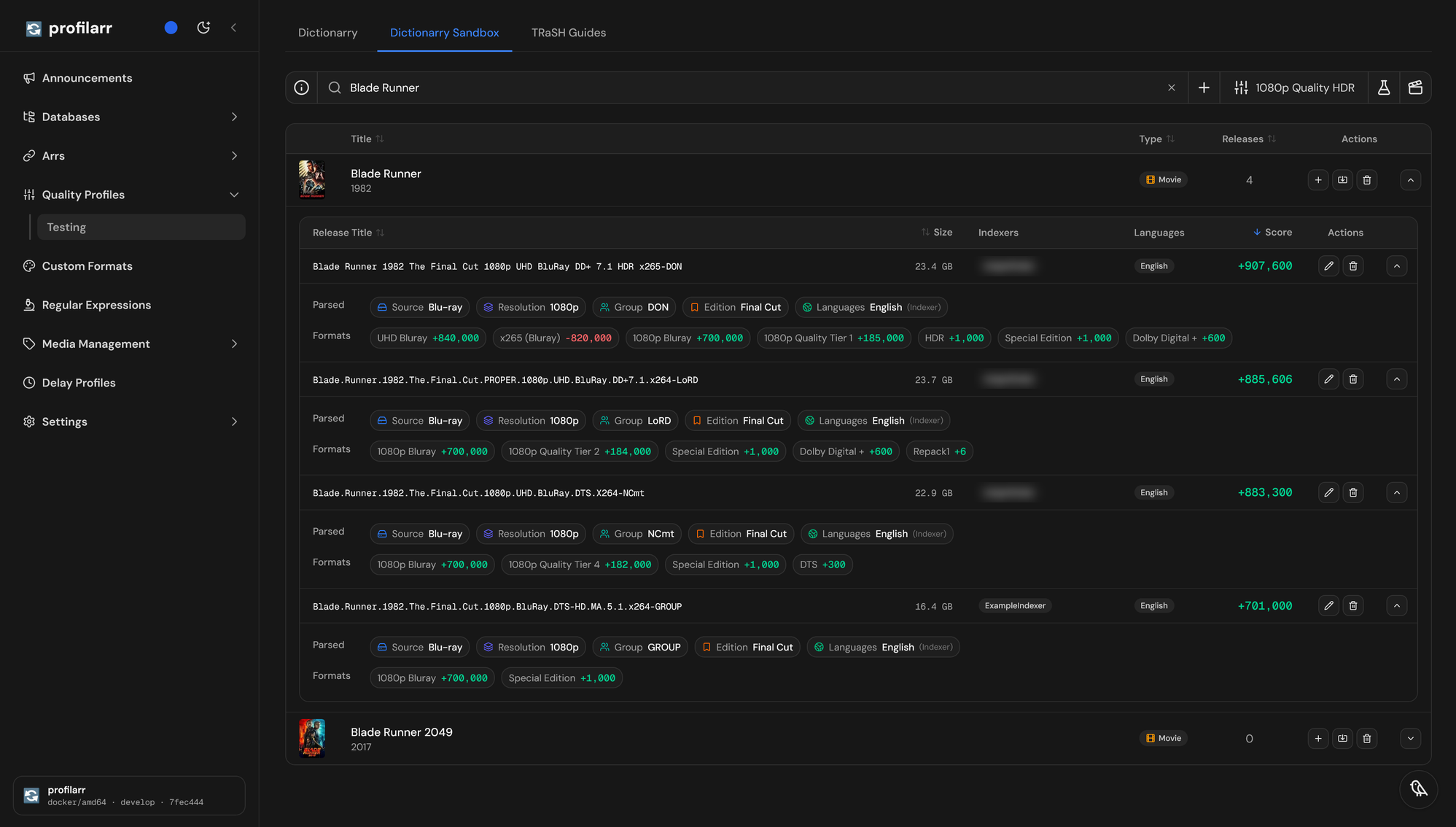 Blade Runner expanded on the Testing page with the 1080p Quality HDR profile selected, showing four releases of The Final Cut: the DON release at 907,600, the LoRD PROPER release at 885,606, the NCmt release at 883,300, and the hand-added GROUP release at 701,000. Each release is expanded to show its parsed source, resolution, group, edition, and languages, and its matched custom formats with their scores.